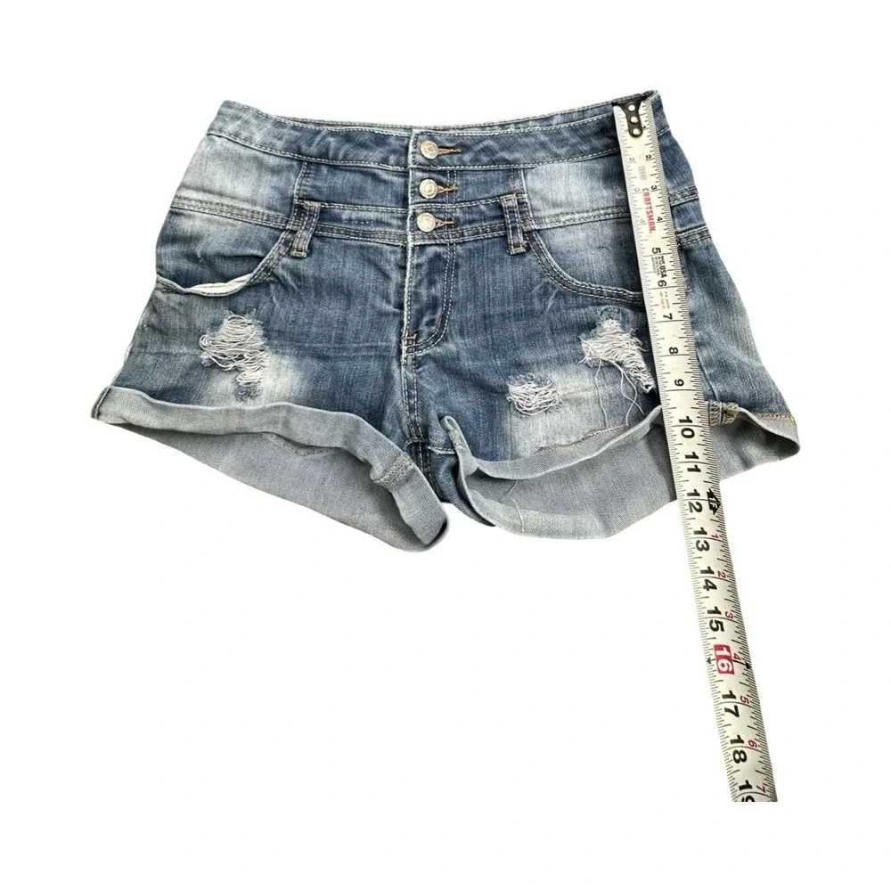 Almost Famous Denim Shorts Women 7 Blue High Waisted Distressed Cuffed Jean